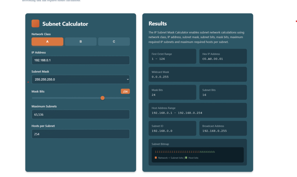 IP subnet calculator interface showing network class selection, subnet mask input, and real-time calculation results