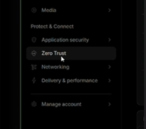 Cloudflare dashboard sidebar with Zero Trust highlighted under Protect and Connect