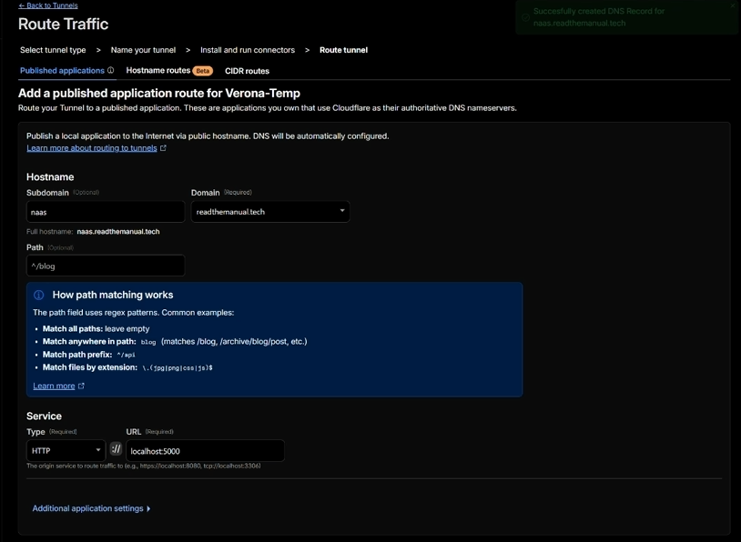Route Traffic form adding naas.readthemanual.tech as the public hostname pointing at http://localhost:5000