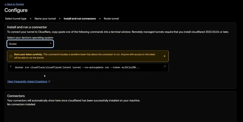 Install and run connectors page with Docker selected and the token-bearing docker run command visible