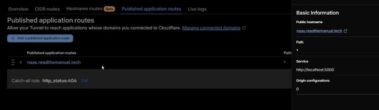 Published application routes view showing naas.readthemanual.tech mapped to http://localhost:5000 with the catch-all 404 rule