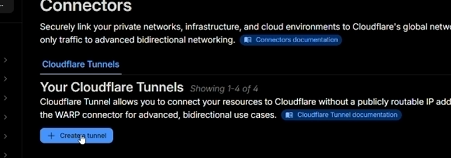 Cloudflare Connectors landing page with the Create a tunnel button