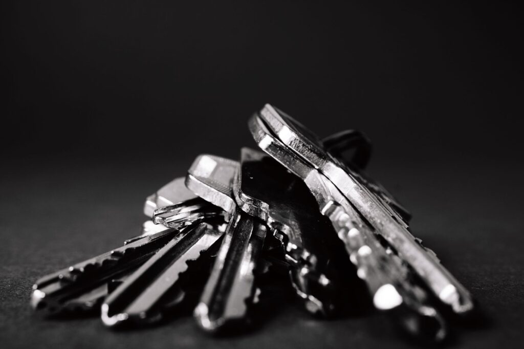 A pile of metal keys on a dark surface, representing access accumulated across a career