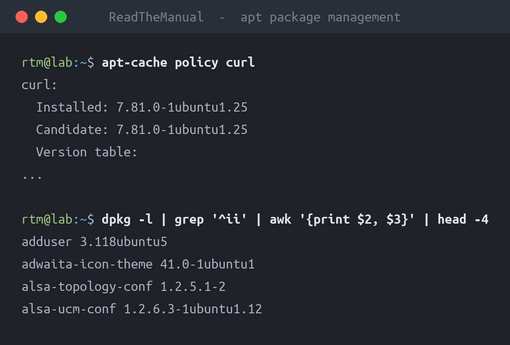 Terminal showing apt-cache policy and dpkg listing installed packages