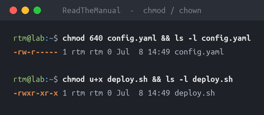 Terminal showing chmod changing permissions in symbolic and octal notation