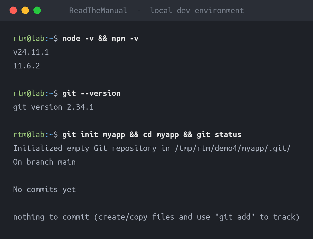 Terminal showing node, npm and git versions plus git init on a new project