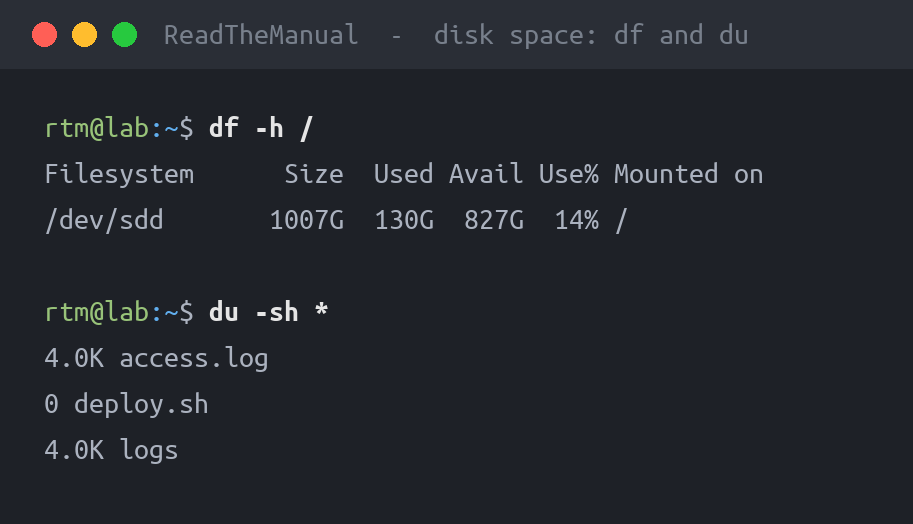 Terminal showing df and du reporting disk usage