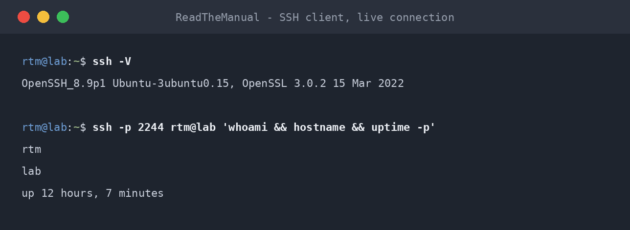 Terminal showing OpenSSH version check and a live SSH connection to an Ubuntu server