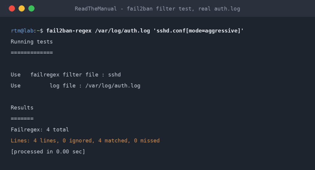 Terminal showing fail2ban-regex matching four real auth.log lines