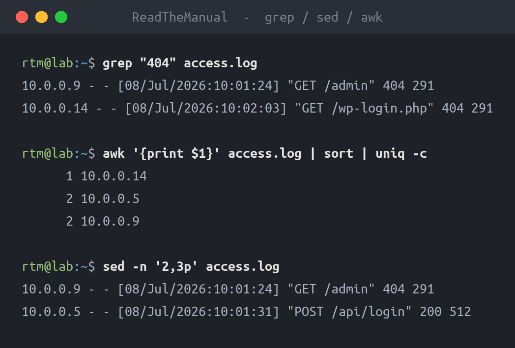 Terminal showing grep, awk and sed processing a sample access.log with real output
