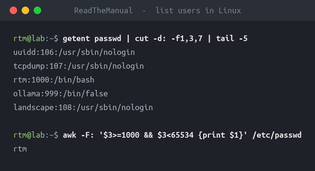 Terminal showing getent passwd, cut and id commands listing Linux user accounts