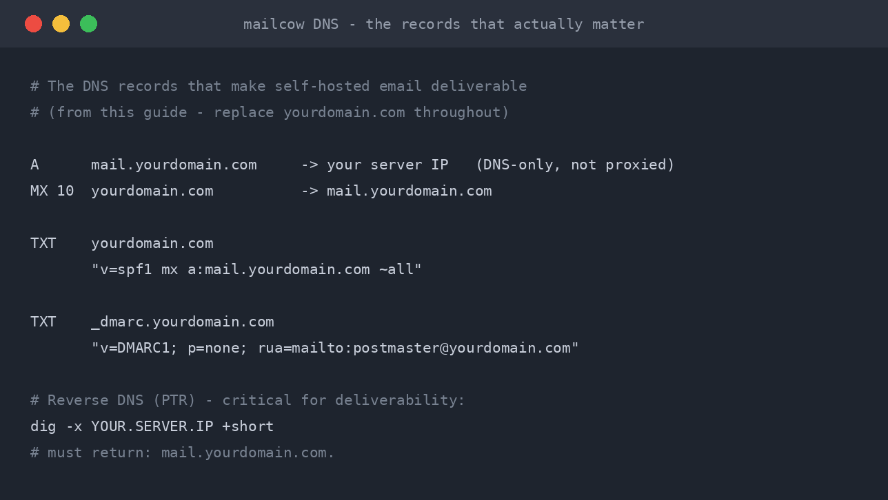 The DNS records required for a mailcow email server