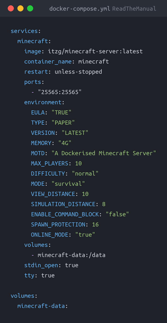 docker-compose.yml used in the guide: How to Run a Minecraft Server in Docker