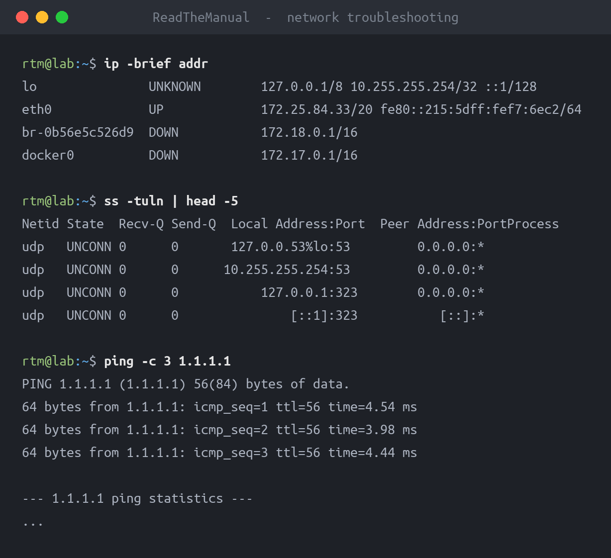 Terminal showing ip, ss and ping for network troubleshooting