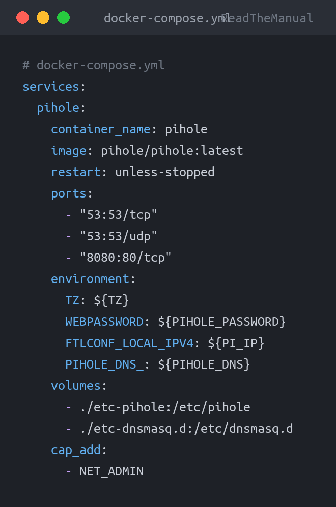 docker-compose.yml used in the guide: Pi-hole on Raspberry Pi 5: DNS Ad Blocking Setup