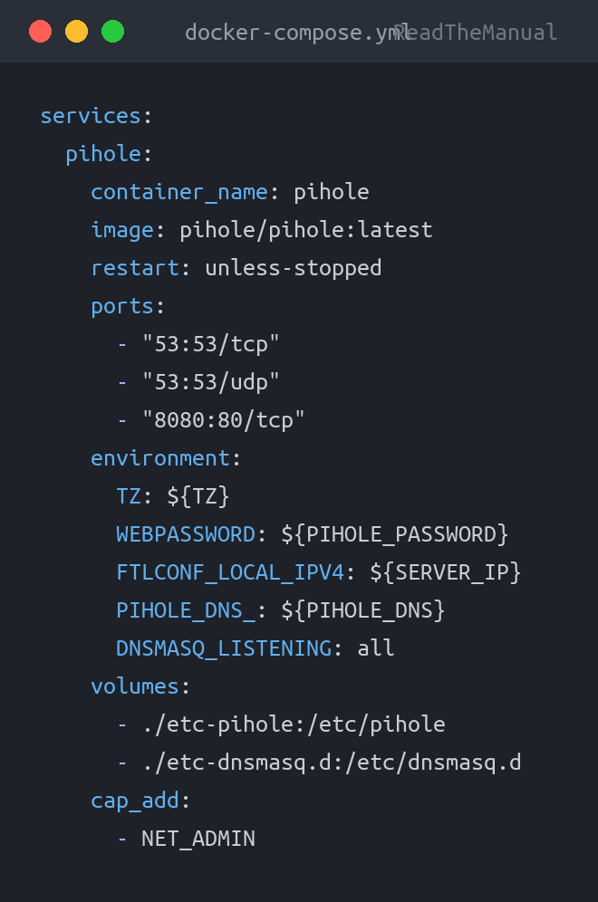 docker-compose.yml used in the guide: How to Run Pi-hole in Docker (Complete Guide)