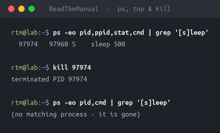 Terminal showing ps listing a running process, then kill terminating it