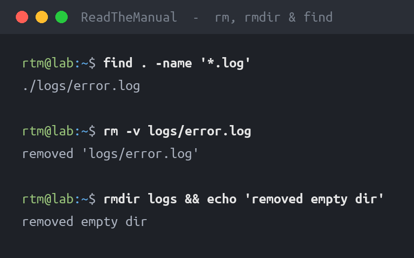 Terminal showing find and rm safely removing files and directories