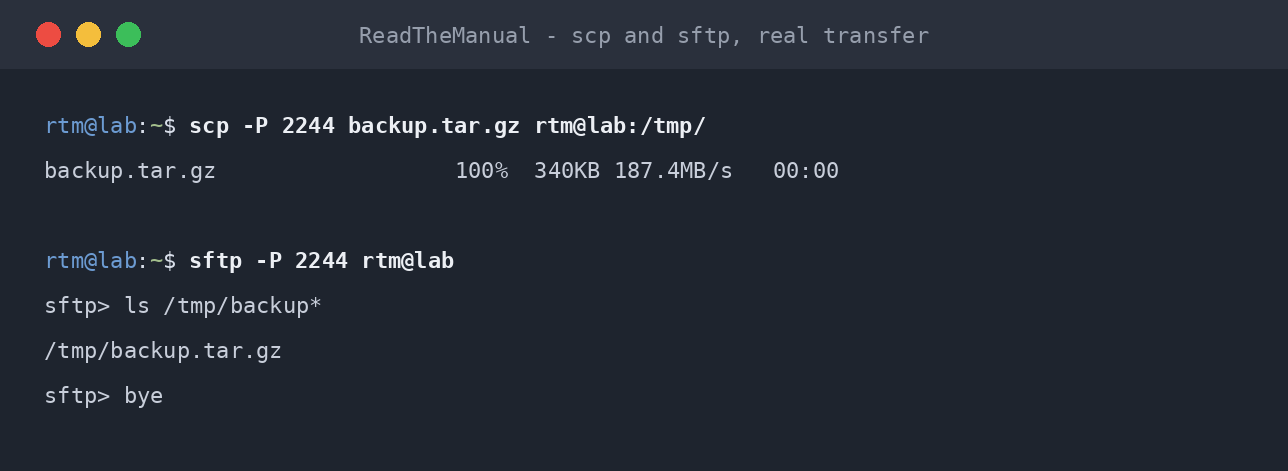 Terminal showing a real scp file transfer and sftp listing
