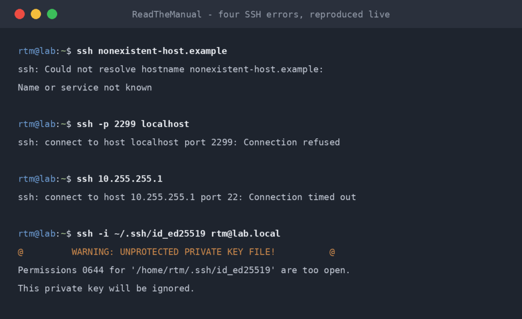 Terminal showing four real SSH errors including the unprotected key warning