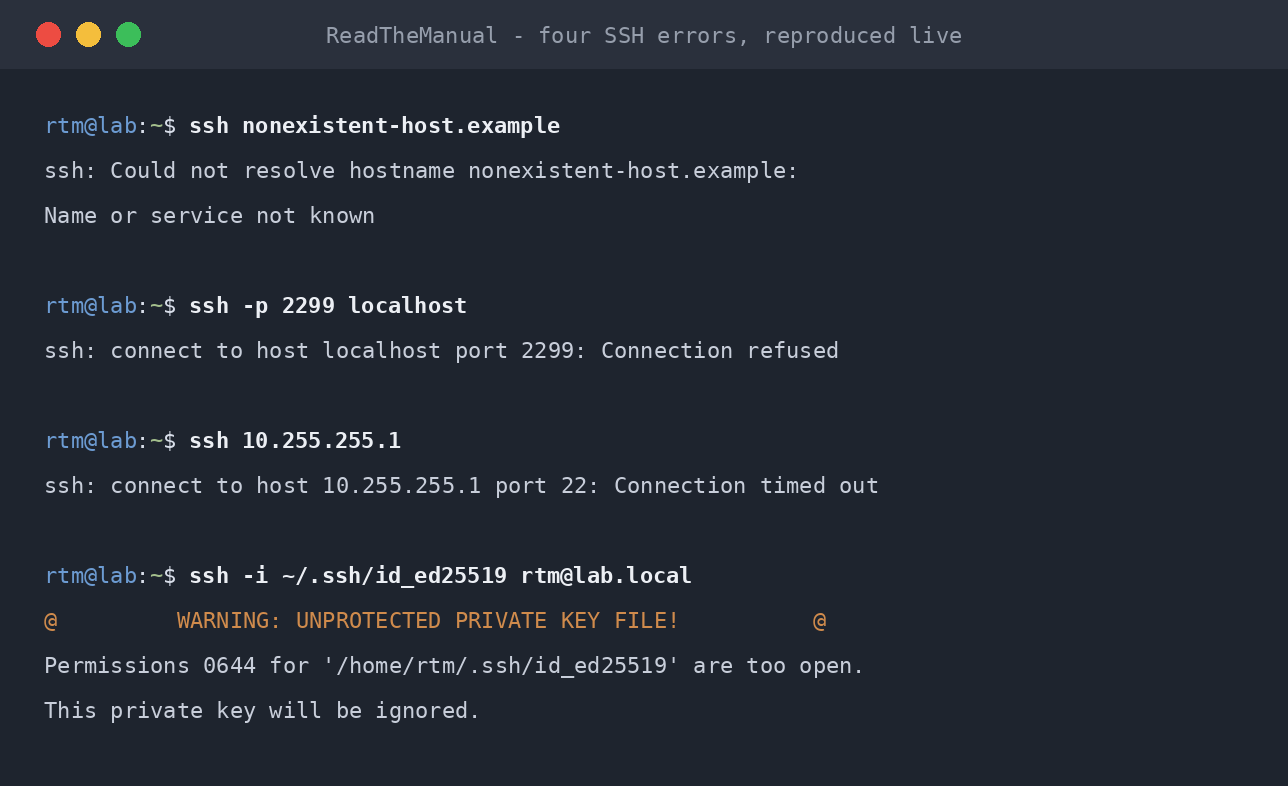 Terminal showing four real SSH errors including the unprotected key warning