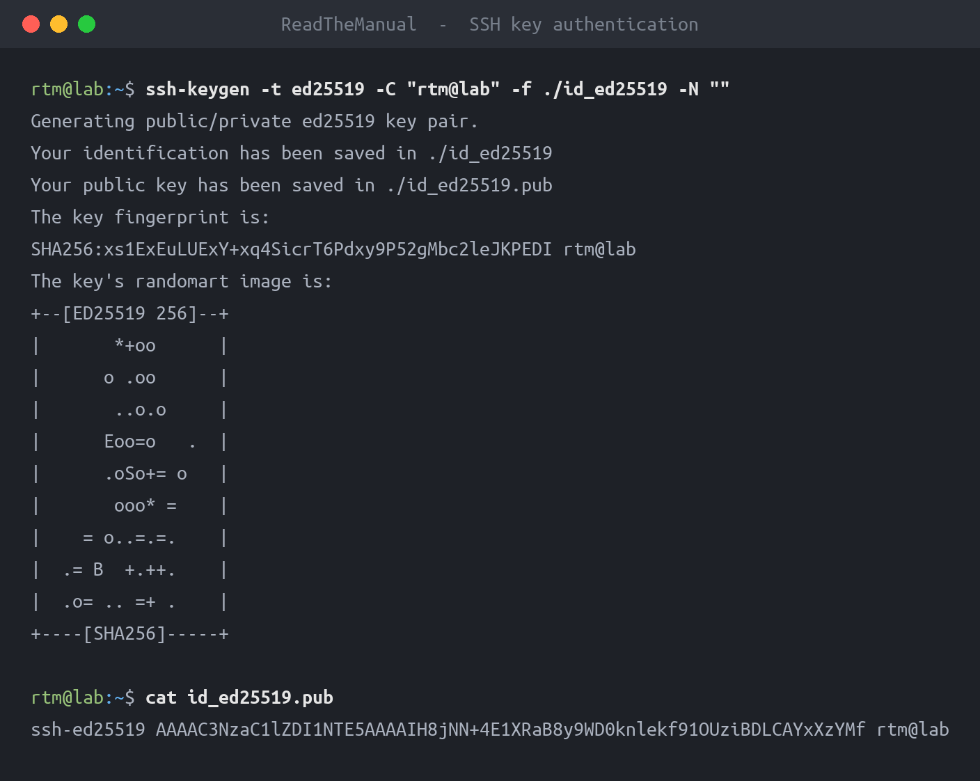Terminal showing ssh-keygen generating an ed25519 key pair and the resulting public key