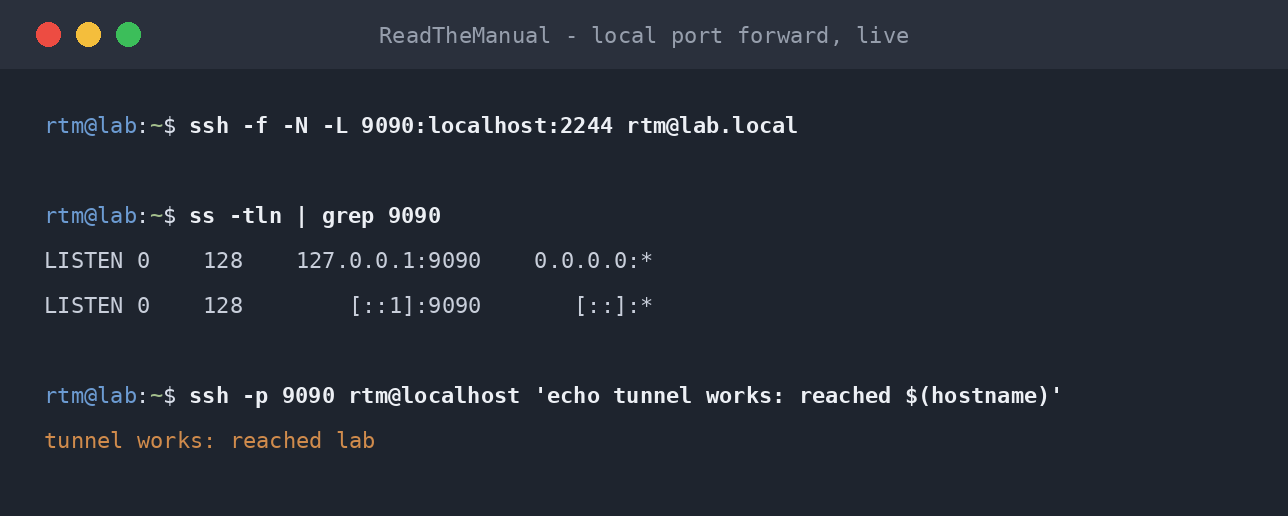 Terminal showing a live SSH local port forward and a connection through it