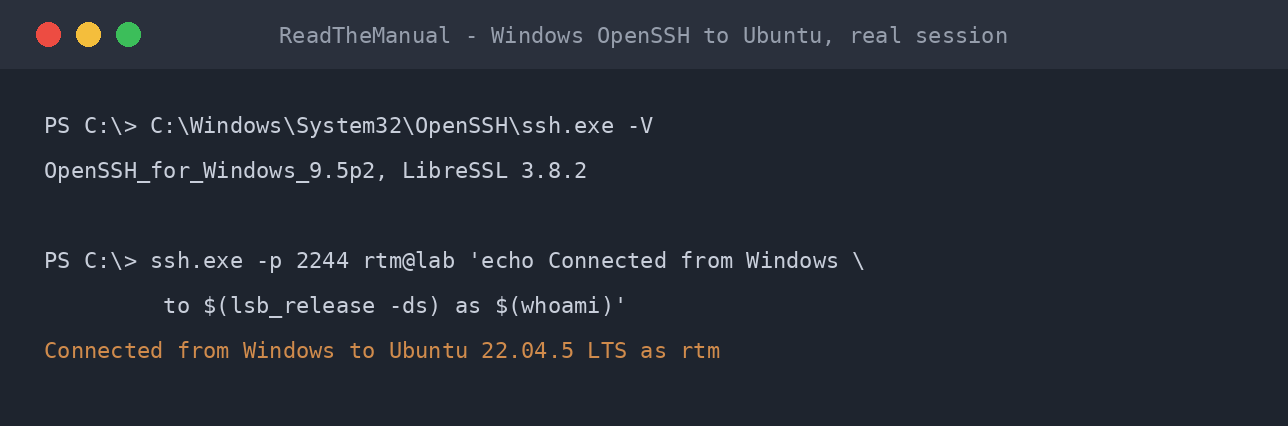 Windows OpenSSH client connecting to an Ubuntu server, real session