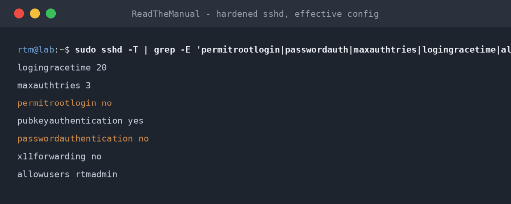 Terminal showing hardened sshd effective configuration via sshd -T