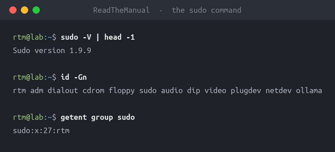 Terminal showing sudo version, user group membership and the sudo group members