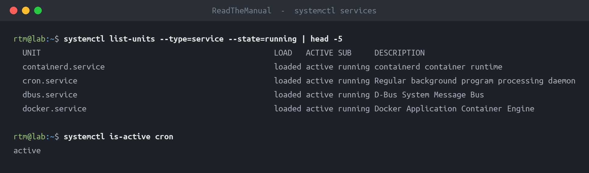 Terminal showing systemctl listing running services and checking status