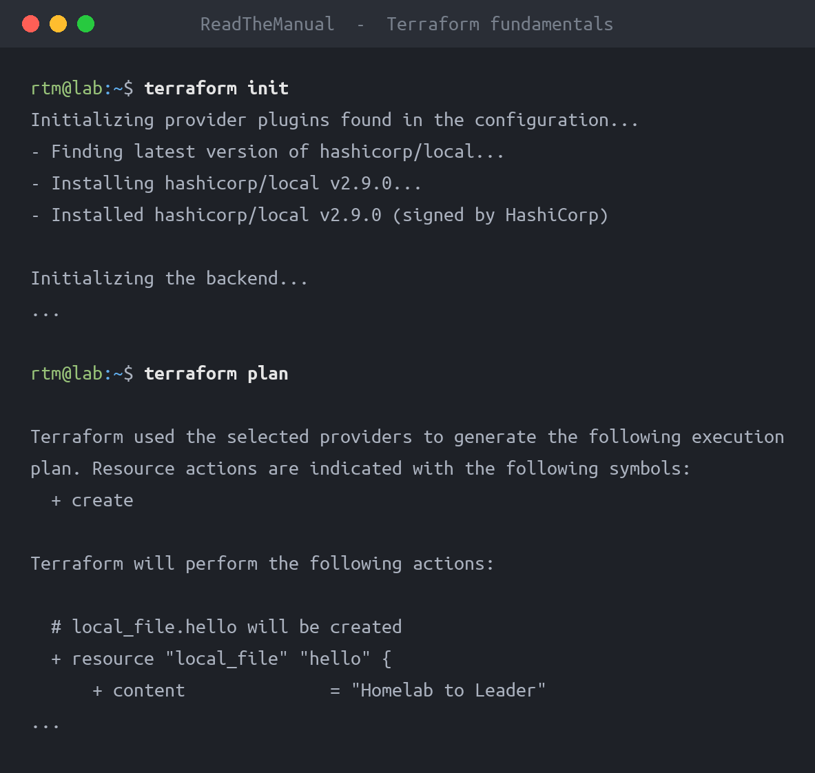 Terminal showing terraform init and plan for a simple local_file resource