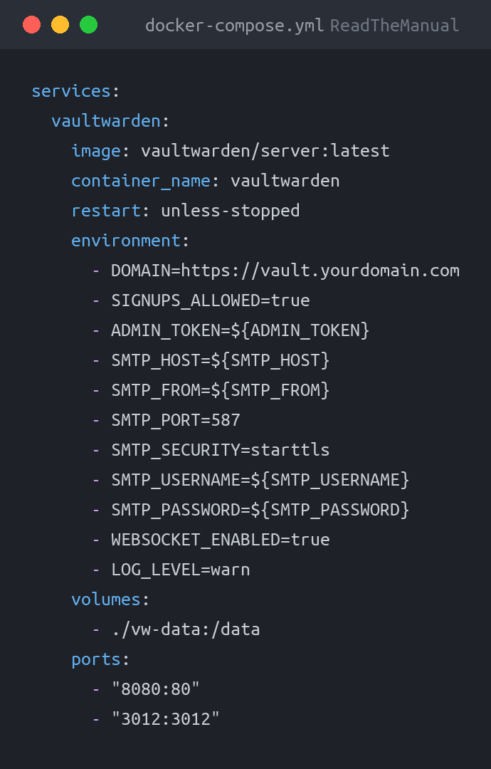 docker-compose.yml used in the guide: How to Install Vaultwarden with Docker (Self-Hos