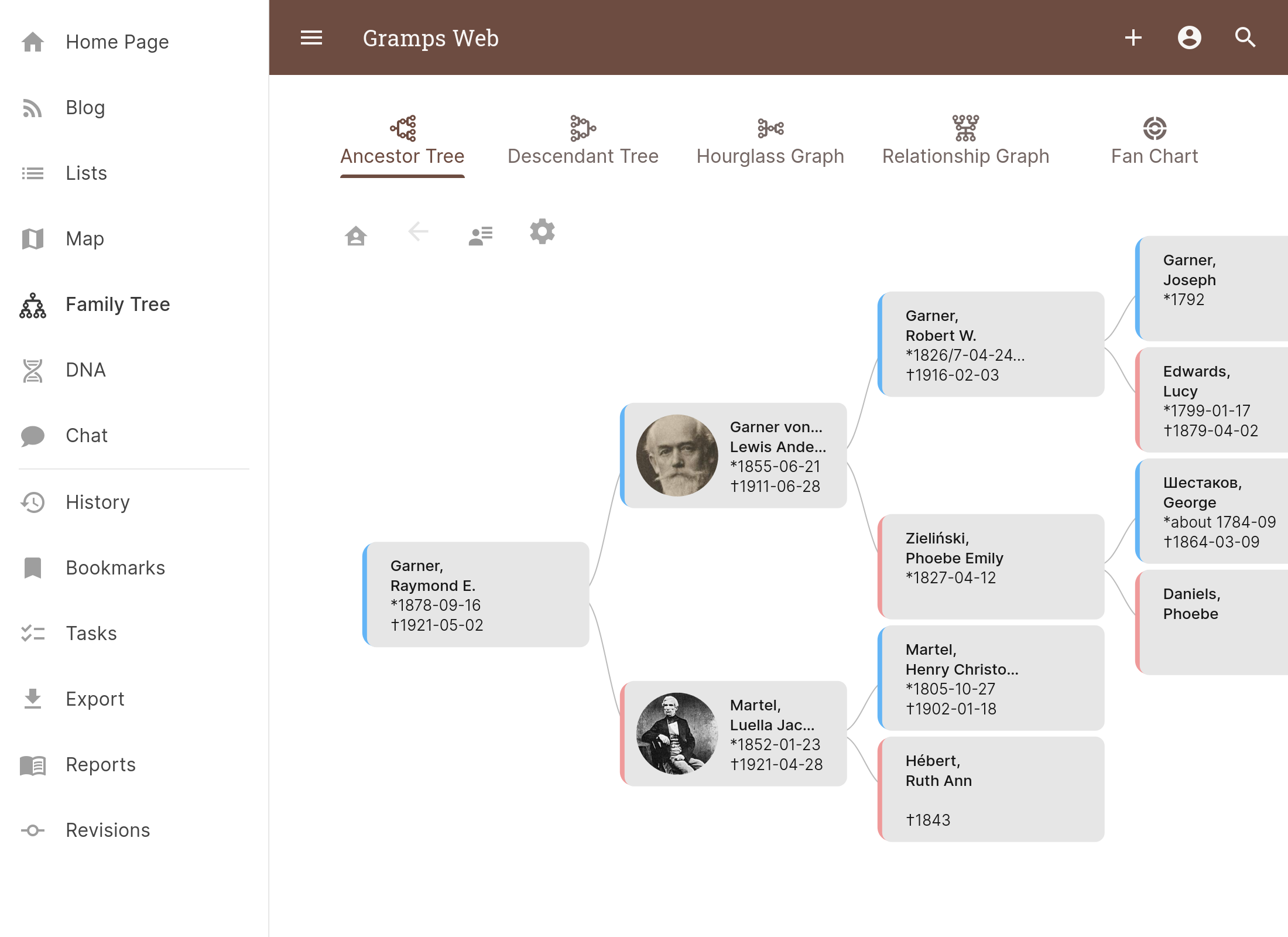 The Gramps Web interface showing a family tree, person details and media