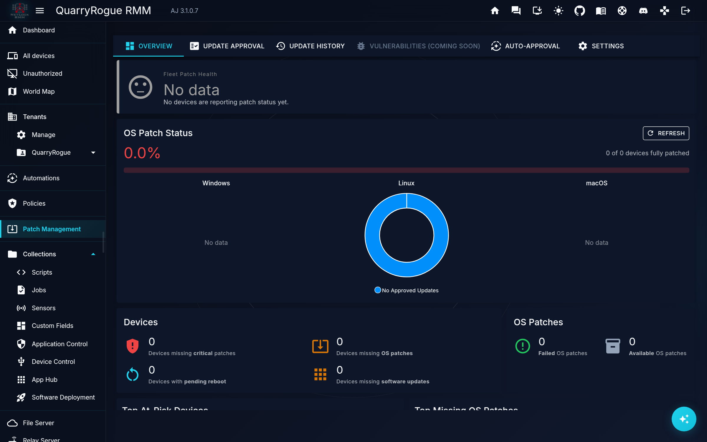 Patch management, with the vulnerabilities tab marked coming soon. The product is moving; check the changelog before calling a gap permanent.