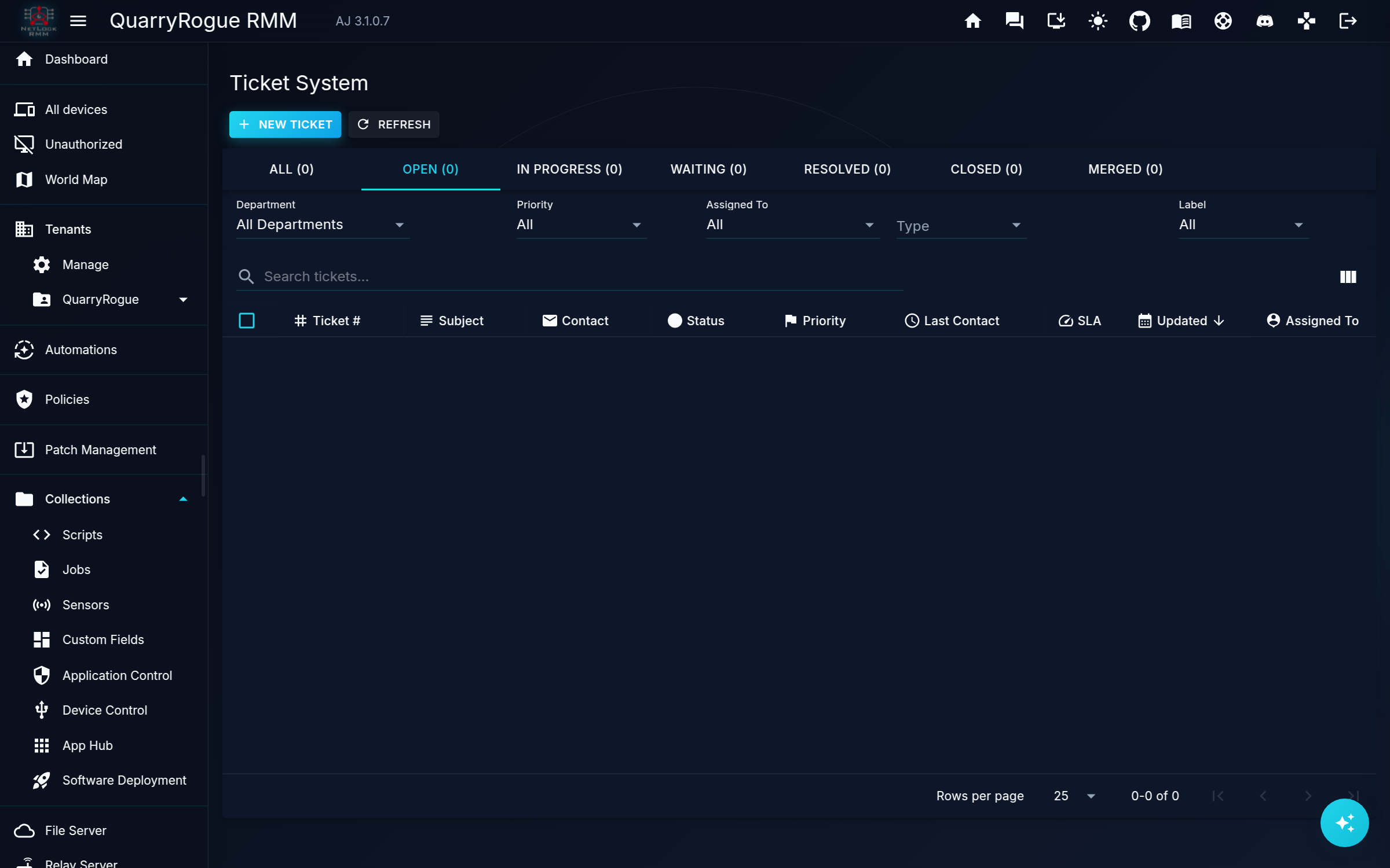 The service desk: queues, departments, priorities, SLAs. Empty, because it has never had a row written to it, which was the clue that cracked gotcha 2.