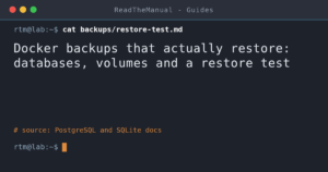 Terminal-style title card: Docker backups that actually restore, databases, volumes and a restore test