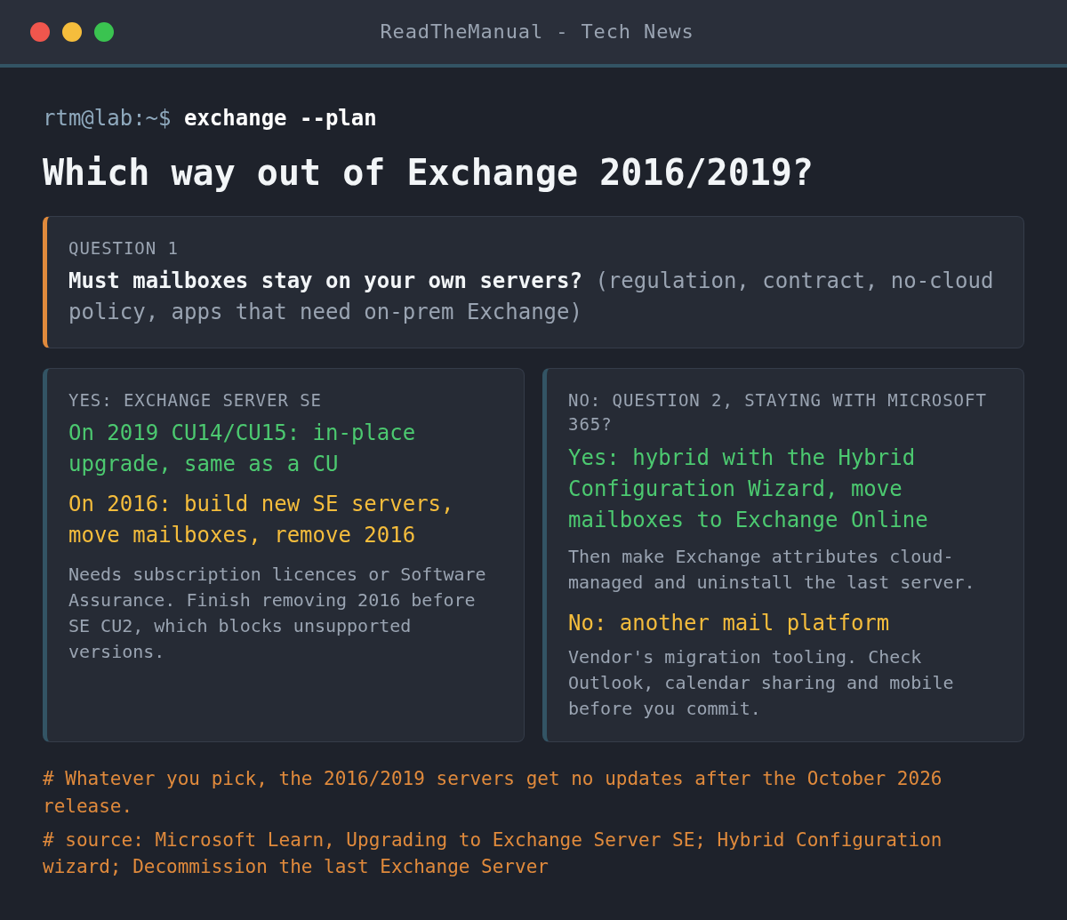 Decision flow: if mailboxes must stay on your own servers, upgrade to Exchange Server SE, in place from 2019 CU14 or CU15 or side by side from 2016. If not and you are staying with Microsoft 365, run a hybrid migration to Exchange Online. Otherwise migrate to another mail platform