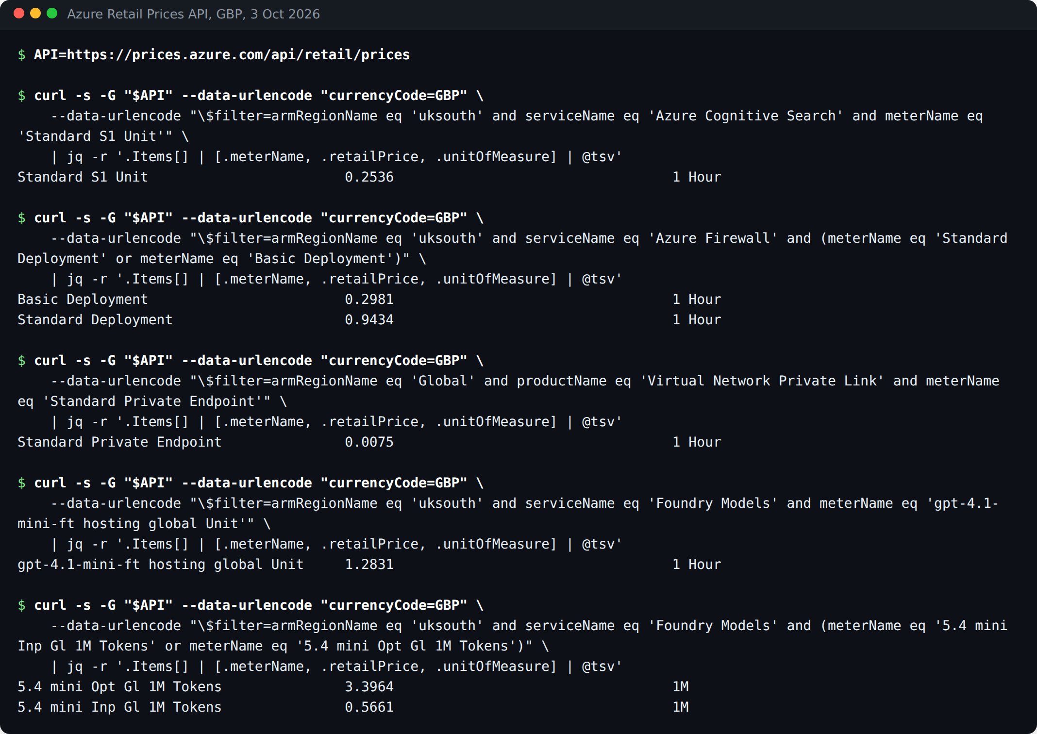 Terminal output of Azure Retail Prices API queries in GBP for AI Search S1, Azure Firewall, private endpoint, fine-tuned model hosting and gpt-5.4-mini tokens