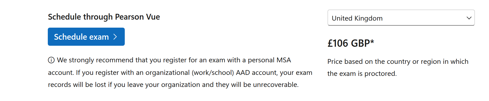 Microsoft Learn AZ-104 exam page with United Kingdom selected showing a price of £106 GBP