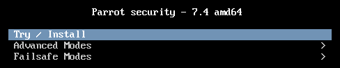 The Parrot OS 7.4 Security Edition boot menu