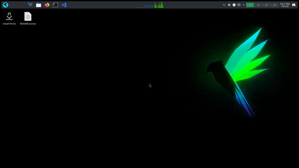 The Parrot OS 7.4 Security Edition live desktop after first boot