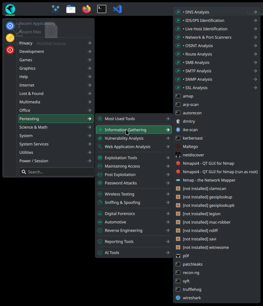 The Pentesting menu in Parrot OS 7.4 Security Edition, open at Information Gathering, listing tools such as Nmap, Maltego, recon-ng and Wireshark