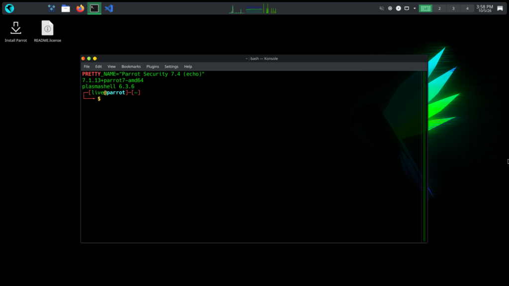 Version details for Parrot OS 7.4 Security Edition in the terminal: release, kernel and desktop