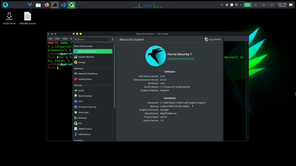 The system information screen on Parrot OS 7.4 Security Edition