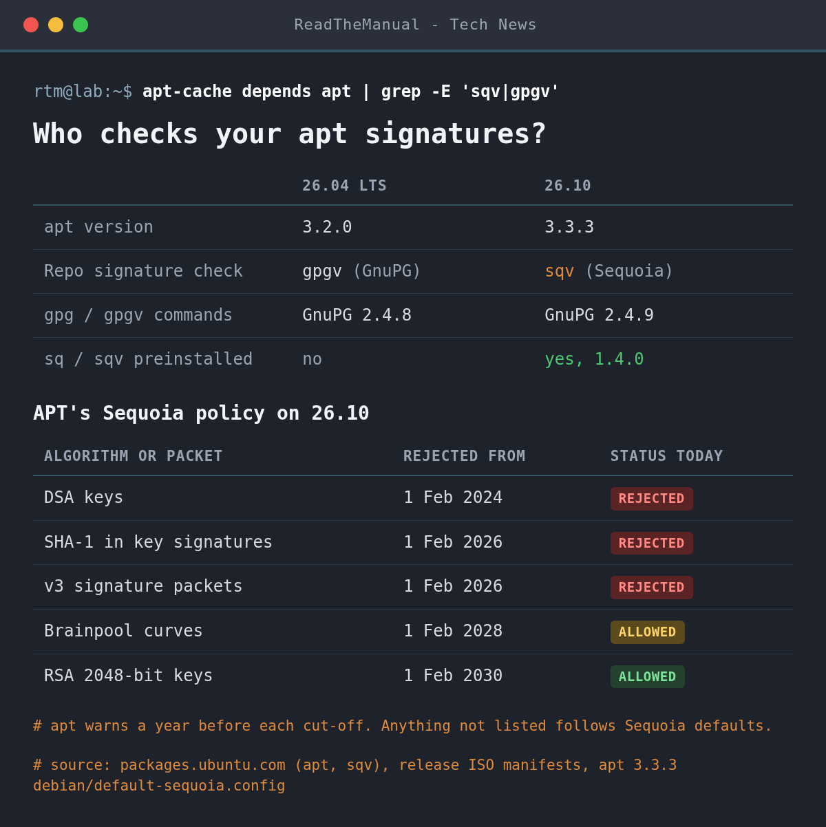 Table comparing Ubuntu 26.04 LTS and 26.10: apt 3.3.3 on 26.10 verifies repository signatures with Sequoia sqv instead of GnuPG gpgv, plus APT's Sequoia policy cut-off dates for DSA, SHA-1, v3 signatures, Brainpool and RSA 2048