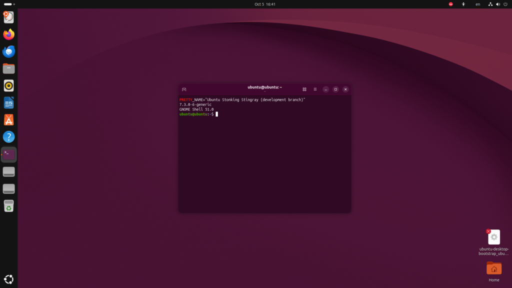 Version details for Ubuntu 26.10 beta in the terminal: release, kernel and GNOME Shell