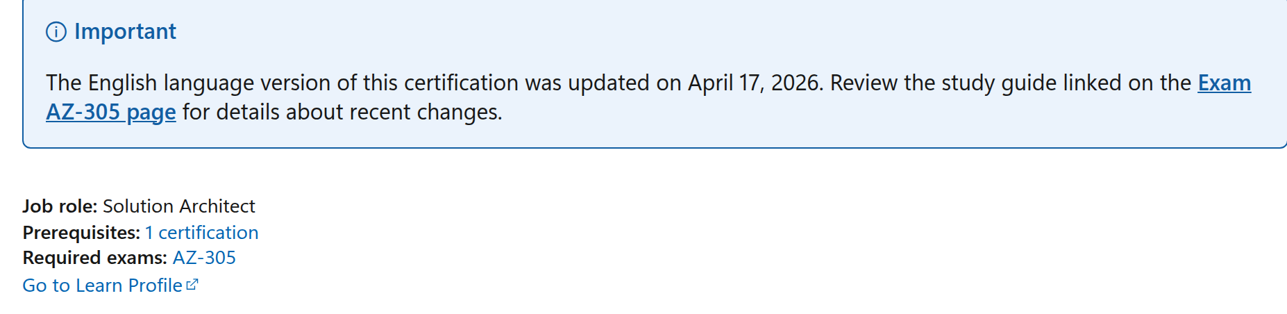 Microsoft Learn Azure Solutions Architect Expert page showing the April 17, 2026 update notice, one prerequisite certification and AZ-305 as the required exam