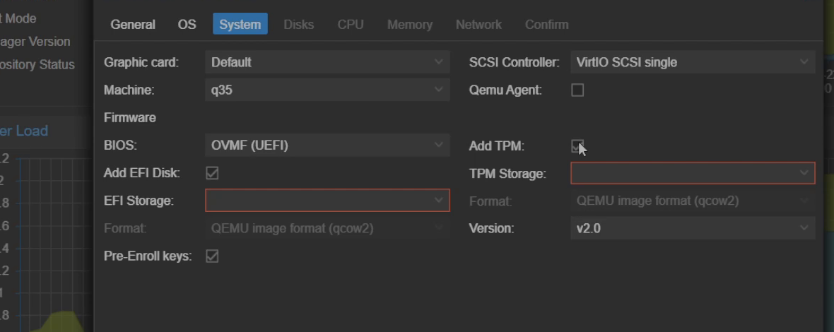 Proxmox Create VM System tab with machine q35, BIOS OVMF UEFI, Add EFI Disk ticked and Add TPM unticked
