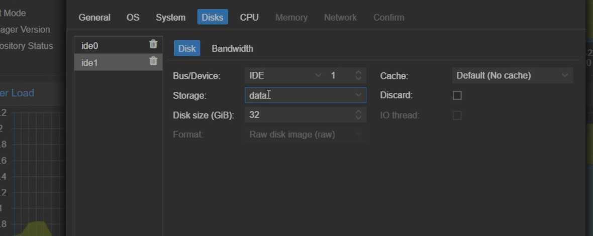 Proxmox Disks tab with ide0 and ide1 listed and the second disk being placed on the data storage pool